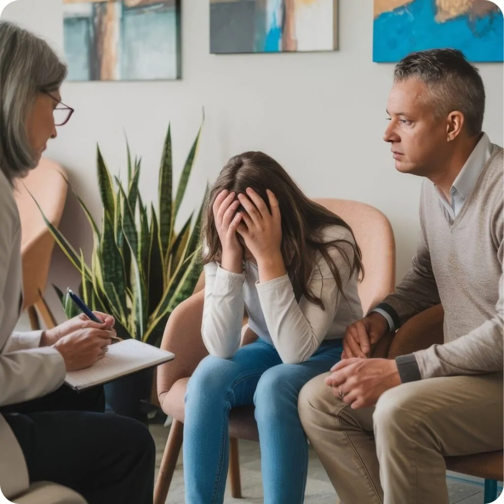 Family therapy session with a counselor and a distressed young woman