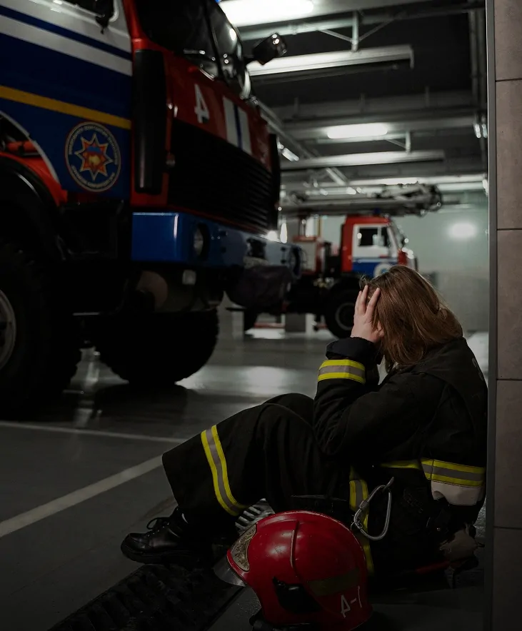Exhausted firefighter sitting in a fire station