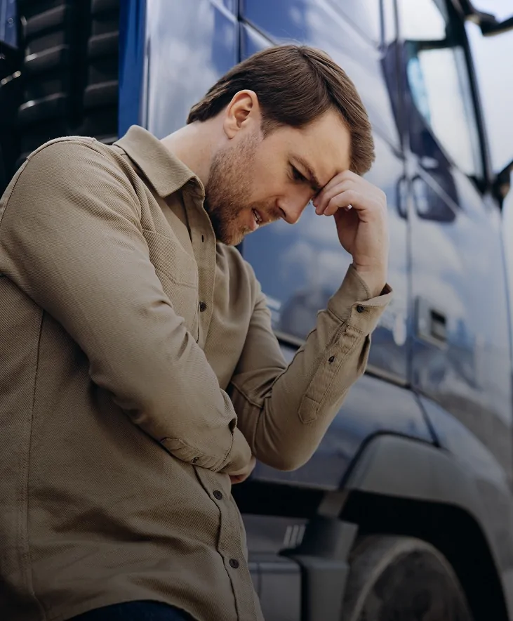 Stressed driver standing next to a truck